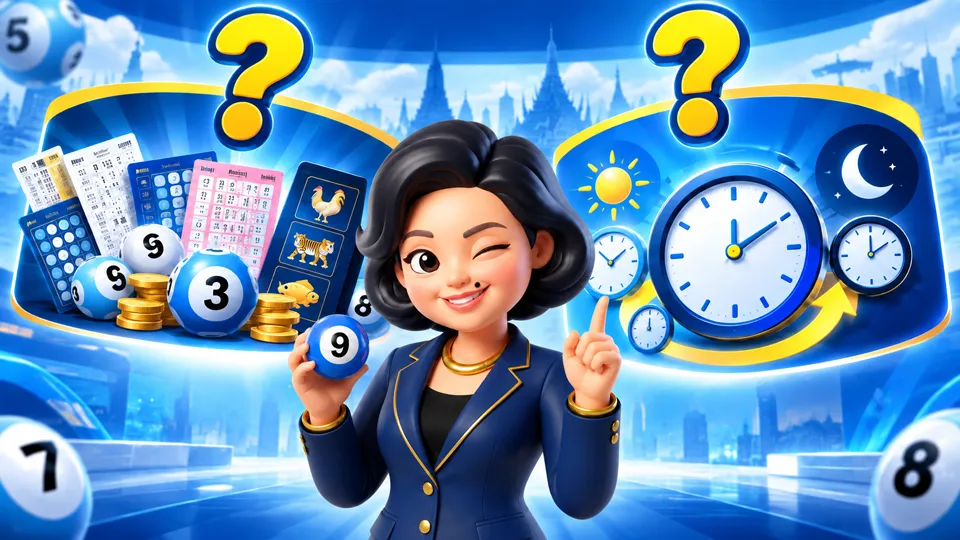 ภาพประกอบประเภทหวยเจ๊ไฝและตารางเวลา พร้อมลูกบอลตัวเลขและนาฬิกา